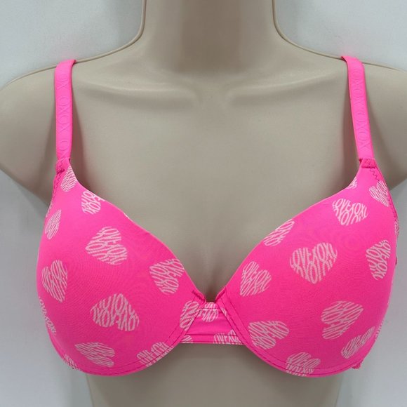 XOXO Womens Pink Heart Valentine Lace Padded Plunge Underwire Bra Sz 34C - Picture 2 of 7